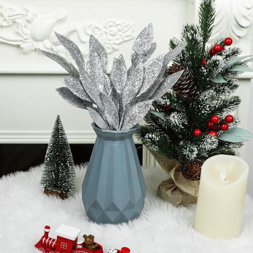 Foglie artificiali argentate con glitter, confezione da 20 1
