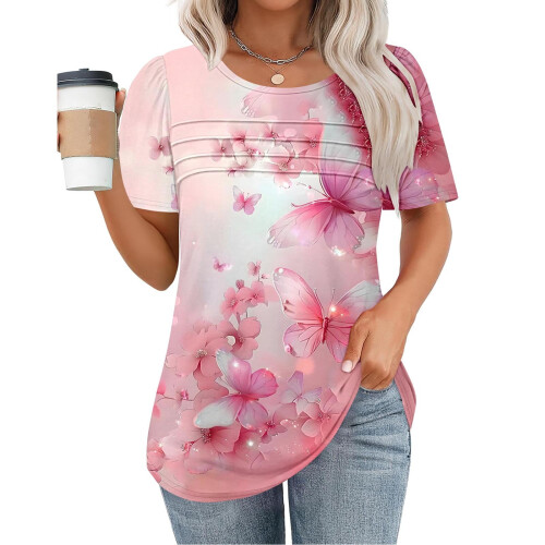 Damekjole med blomsterprint og puffermer, løs passform 1