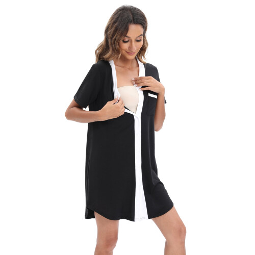 Women's Button-Front V-Neck Nursing Sleepshirt Short Sleeve 1
