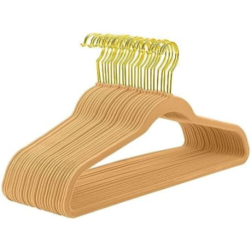 Kamelfarbene Samtkleiderbügel, goldfarben, rutschfest, 60er-Packung