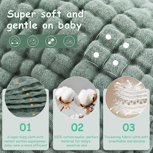Muslin Burp Cloths 6-Pack 6-Layer 100% Cotton Dark Green 1