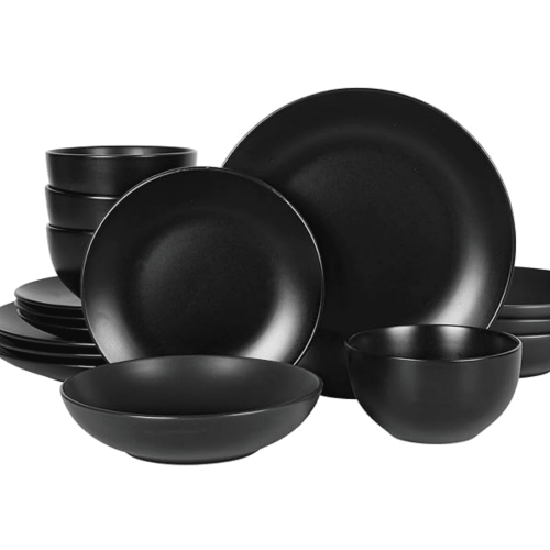 Ensemble de 16 assiettes et bols doubles noirs mats