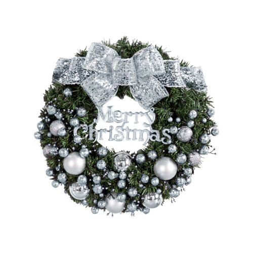 Christmas wreath with silver bow for front door