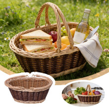 Cesta de picnic de mimbre color marrón natural con asas
