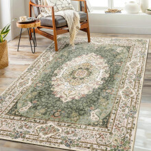 Tapete verde lavável de 90x150cm com estampa floral boho