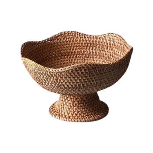 Fruteira redonda de rattan marrom com borda ondulada 7,87 x 5,12 polegadas