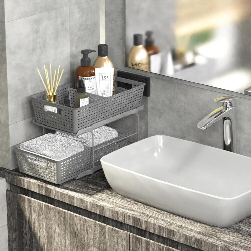 Badezimmer-Organizer-Tablett mit Auszugsschublade, grau, 2-stufig