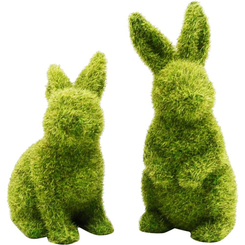 Osterhasenfiguren, beflockt mit grünem Moos, 2 Stück