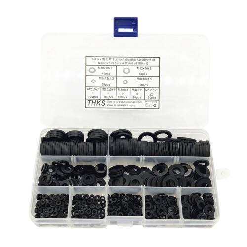 Sortimentsset mit 600 schwarzen Nylon-Flachscheiben, M2–M12