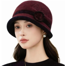 Winter Knit Bucket Bowler Hat with Flower Accent 1920s Vintage Cloche Cap Elegant Church Hat Padded Warm Knit Cap