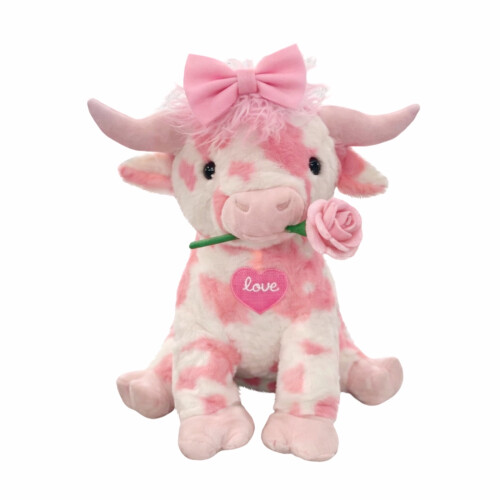 Vaquinha de pelúcia rosa com laço de rosa, 35 cm (13,78 polegadas)