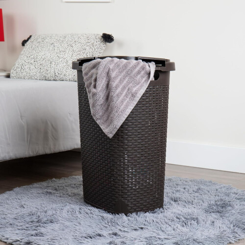 Cesto de roupa suja de plástico marrom 60L com tampa