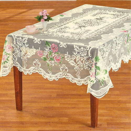 Toalha de mesa redonda de renda branca com estampa floral de rosas, 70 polegadas (178 cm).