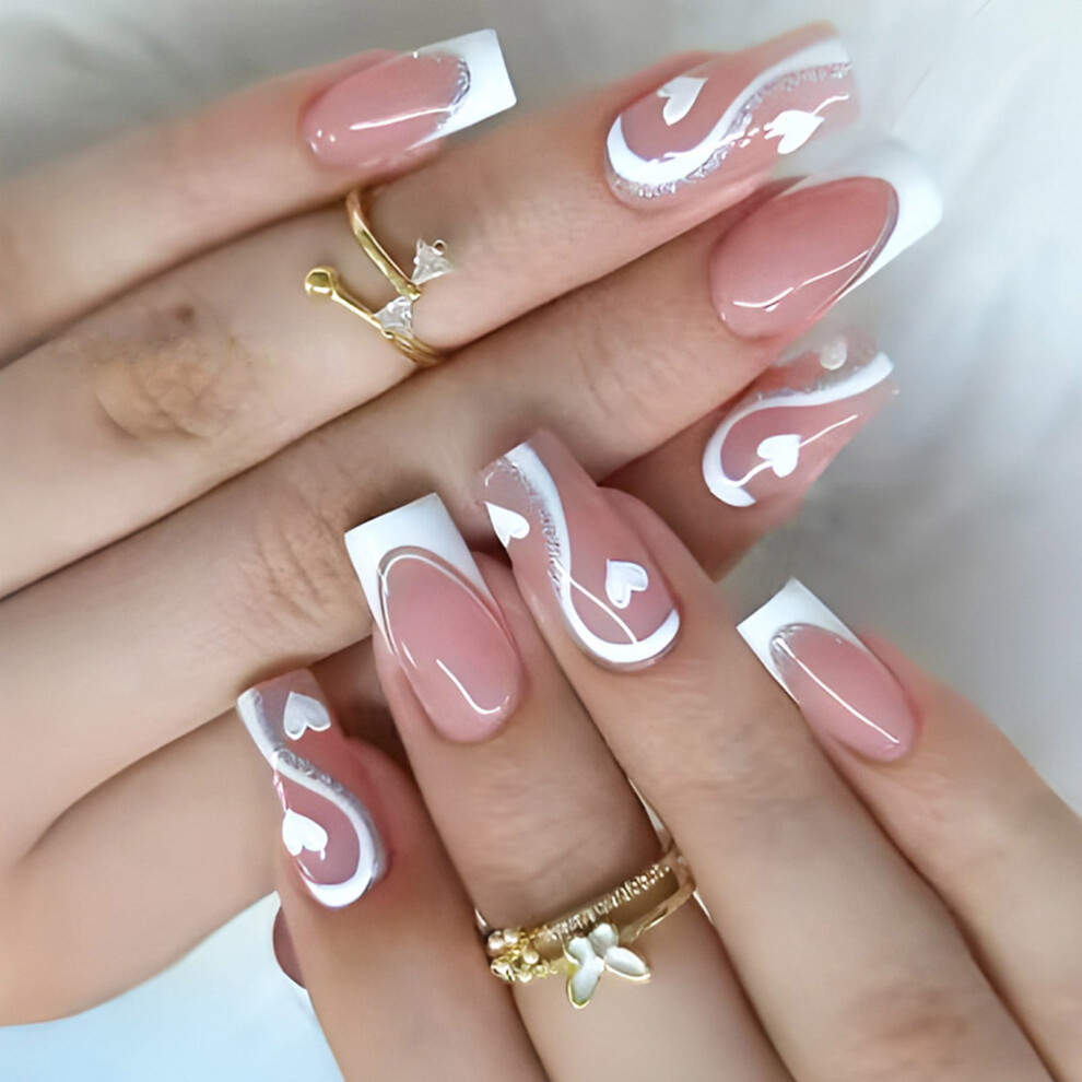 White French Tip Artificial Nails Medium Square 24 Pcs