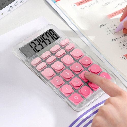Calculadora com interruptor mecânico, corpo transparente, visor LCD de 12 dígitos.