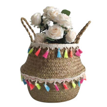 Seagrass woven planter with tassels foldable storage basket