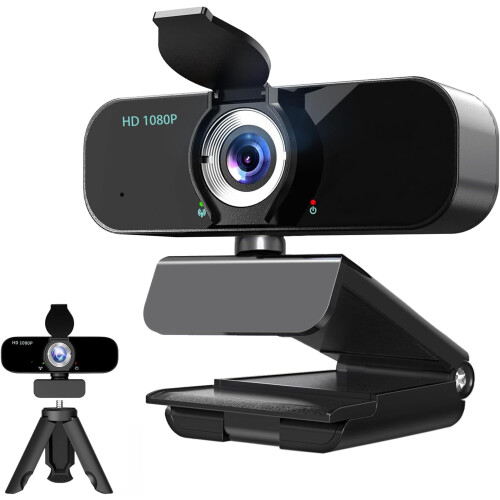 Webcam Full HD 1080p para PC com microfone com cancelamento de ruído e tripé.
