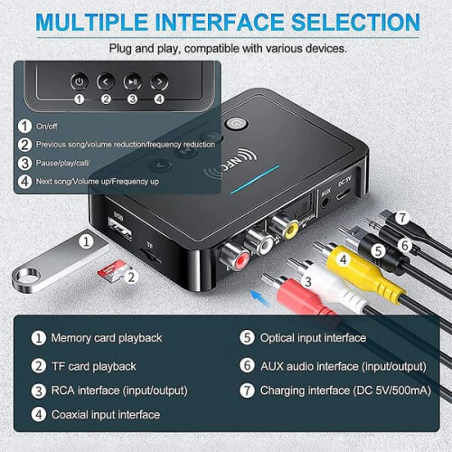 Δέκτης Bluetooth5.0 Πομπός Fm Stereo Aux 3.5mm Jack Rca Ασύρματος προσαρμογέας ήχου Bluetooth NFC 1