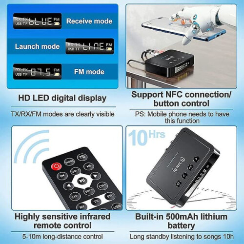 Δέκτης Bluetooth5.0 Πομπός Fm Stereo Aux 3.5mm Jack Rca Ασύρματος προσαρμογέας ήχου Bluetooth NFC 2