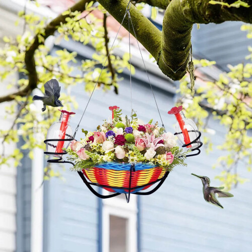 Hummingbird Feeder with Planter Basket 3-Bottle Rattan Base 1
