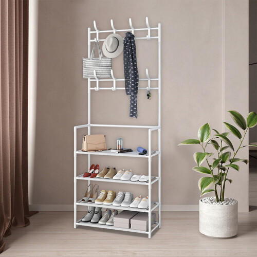 Hall tree with shoe bench 8 hooks storage shelves 1