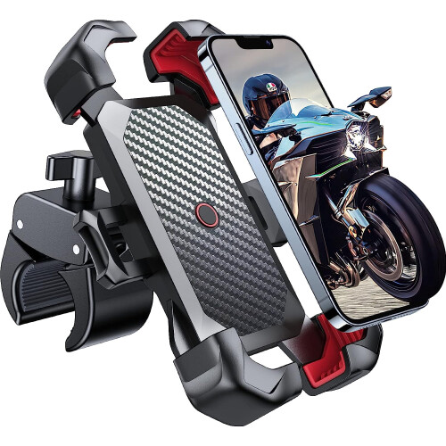 Suporte para celular de motocicleta com trava automática e sistema anti-vibração.