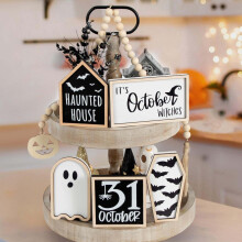 Set di decorazioni per Halloween con vassoio a più livelli in legno, 6 pezzi