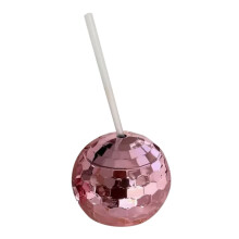Gobelet boule disco avec paille, rose métallisé, lot de 1
