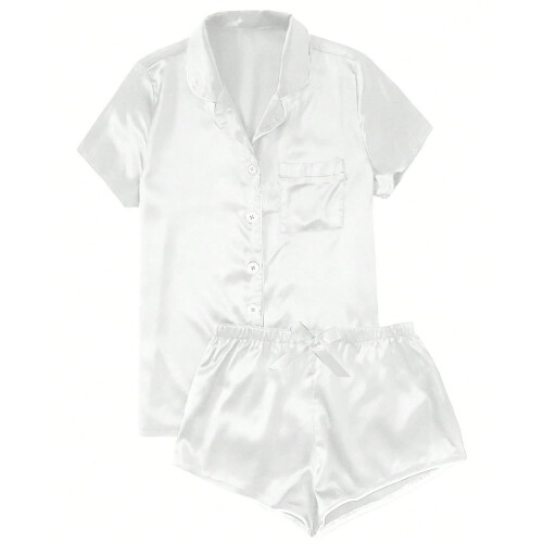 Damepysjamassett i sateng, hvit, medium 1
