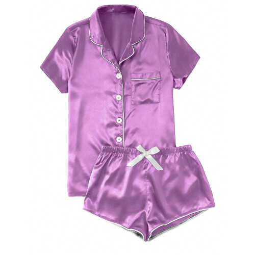 Dame satin pyjamassæt lilla medium 1