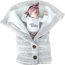 (One Size, Grey) Baby Cuddle Blankets for Newborn, Soft Fleece Knitted Baby Blanket, Warm Sweater Jumpsuit Lined, Fluffy Pram Insert-