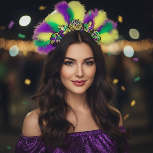 Čelenka Mardi Gras s flitrami a umelým pierkom 1