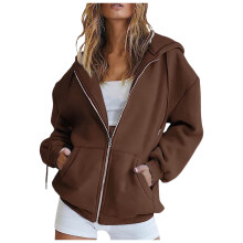Women's Zip-Up Hoodie with Pocket, Solid Color Casual Sweatshirt, Comfortable Loungewear & Streetwear – Bronze, Compatible with All Sizes