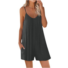 Womens Fashion Summer Solids Pocket Detail Casual Sleeveless Strappy Jumpsuit One Piece Romper Comfortable Lightweight Fabric Loose Fit Gray 2XL