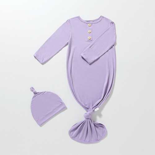 Conjunto de vestido e touca com nó para recém-nascido, macacão macio e liso.