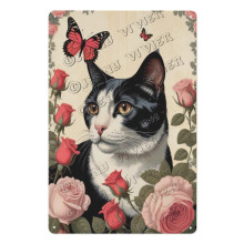 Plaque métallique Chat Tuxedo Floral 20 x 30 cm