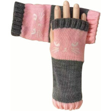 Women's knitted fingerless gloves with cat embroidery, 1