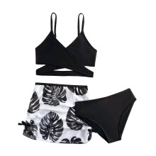 Girls Swimsuit,Floral Print Bikini Two Piece Tankini with Ruffle Skirt for Teen and Big Kid Summer Beach Pool Swimwear,Kids Swimsuits,Black,3-4 Years