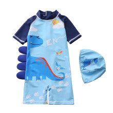 Dinosaur Long Sleeve Hooded Rash Guard Swimsuit for Boys 5-6Y, Light Blue – Compatible with Sun & Water Protection