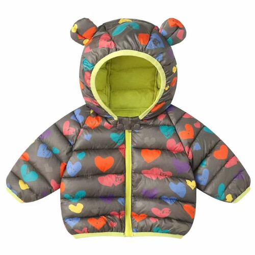 Jaqueta infantil acolchoada com capuz e orelhas de urso para meninos e meninas.