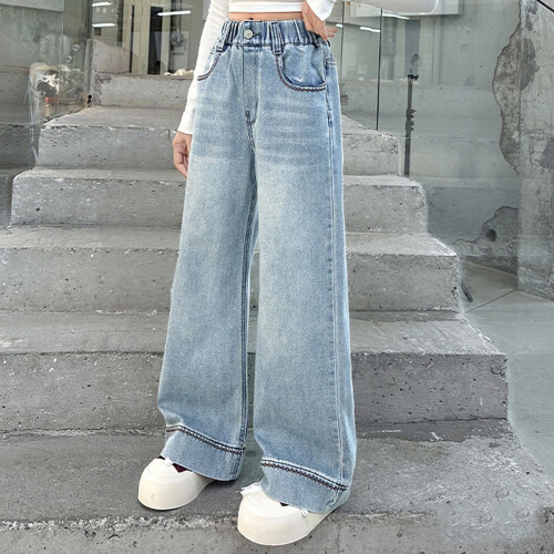 Kinder-Stretch-Jeans, blau, elastischer Bund, weites Bein, Größe 4-5 1