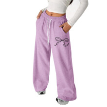 Girl PantsPants Bow Drawstring Loose Fit Lightweight Athletic Straight Leg Casual Trousers for Active Wear,School Kids Clothes,Z02 Purple,8-9 Years