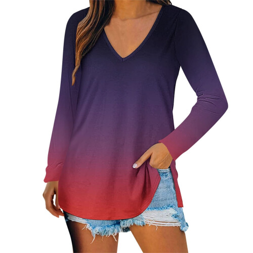 Top a tunica ampio da donna con scollo a V e maniche lunghe, colore viola. 1