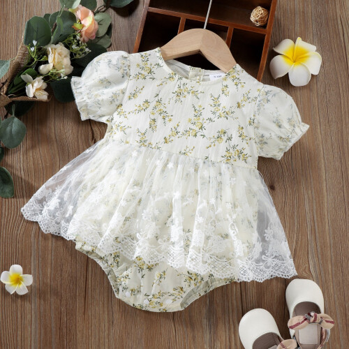 Floral Print Mesh Lace Romper with Puff Sleeves 1