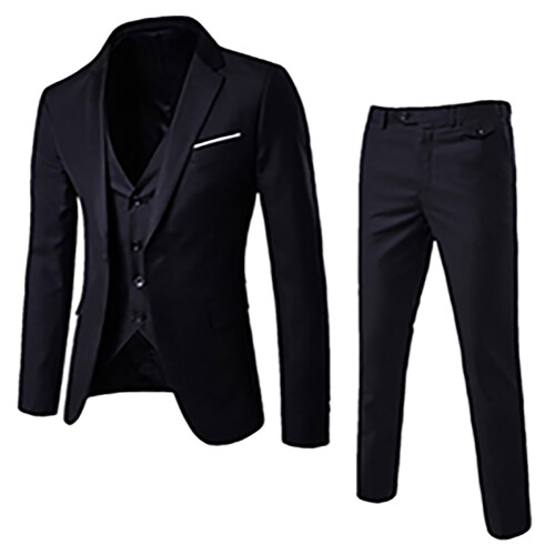 Men's Black Three-Piece Suit Jacket with Vest and Pants 1