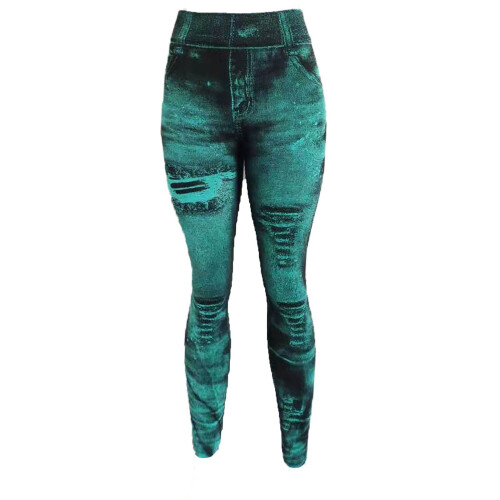 Damen-Leggings mit Denim-Print, elastischer, schmaler Schnitt, grün 1