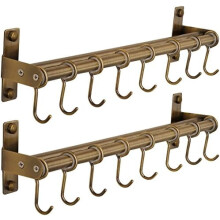 Estante de pared para ollas, color bronce, con 8 ganchos y barras dobles (paquete de 2)