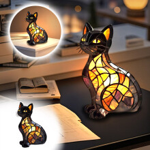 Abajur de mesa LED 3D em formato de gato, estilo retrô, com luz quente.