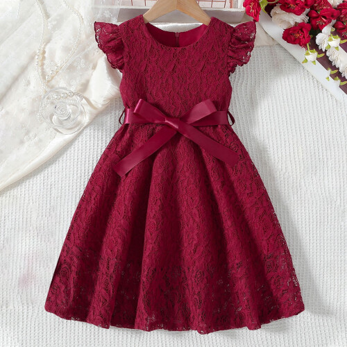 Vestido de princesa infantil, cor sólida, renda, sem mangas, vinho. 1