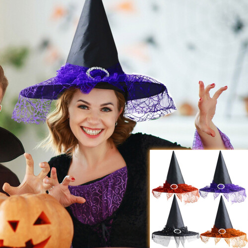 Καπέλο μάγισσας για το Halloween, μαύρο με δίχτυ, μέγεθος ενηλίκων και παιδιών 1
